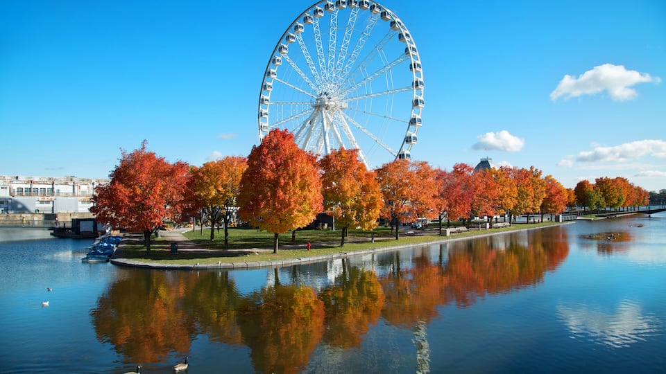 Great wheel of Montreal with his panoramic view 60 of meters high, and a breathtaking view of the river, Old Montreal and downtown city during fall season