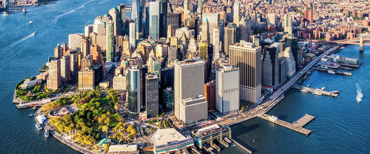 Aerial view of Lower Manhattan at sunset. New York. USA