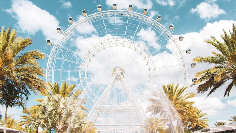 A large Ferris wheel with gondolas, surrounded by palm trees and a clear blue sky.