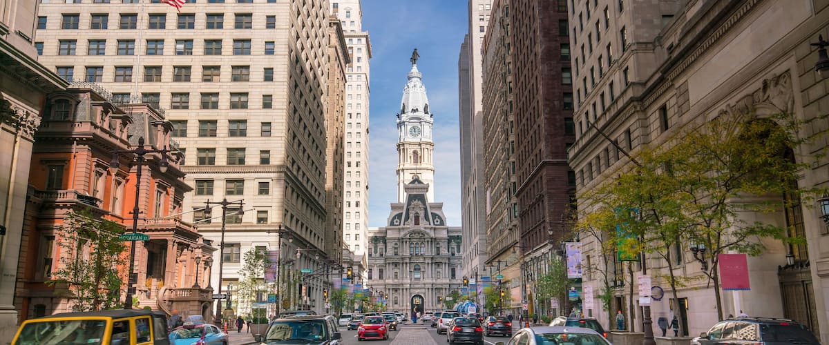 Street view of downtown Philadelphia in PA, USA