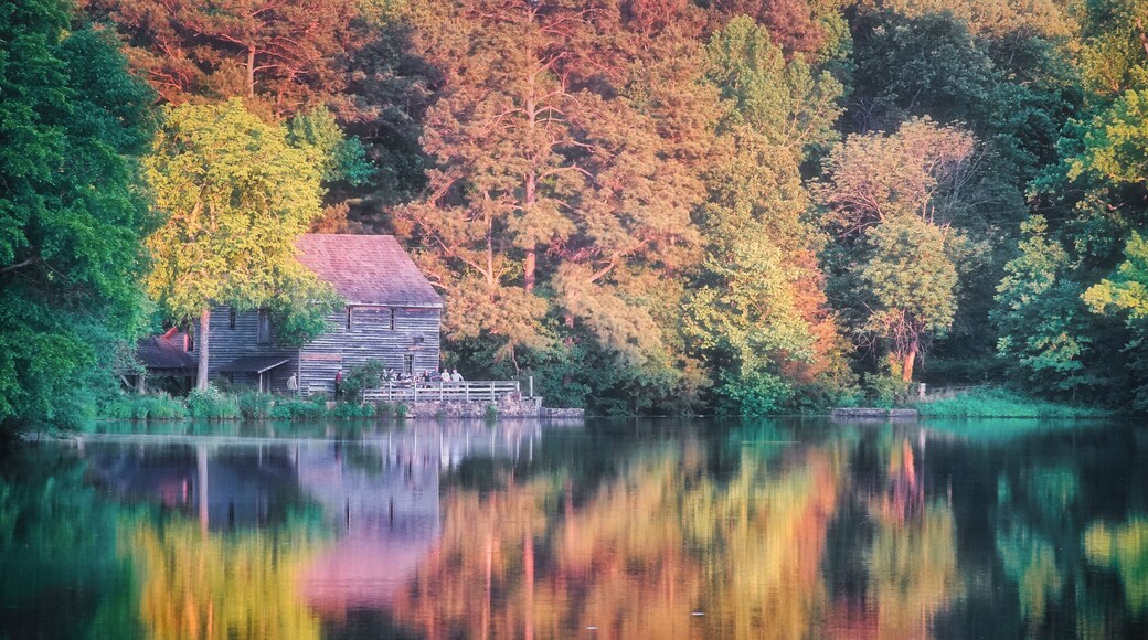 A wooden cabin by a calm lake surrounded by autumn-colored trees.