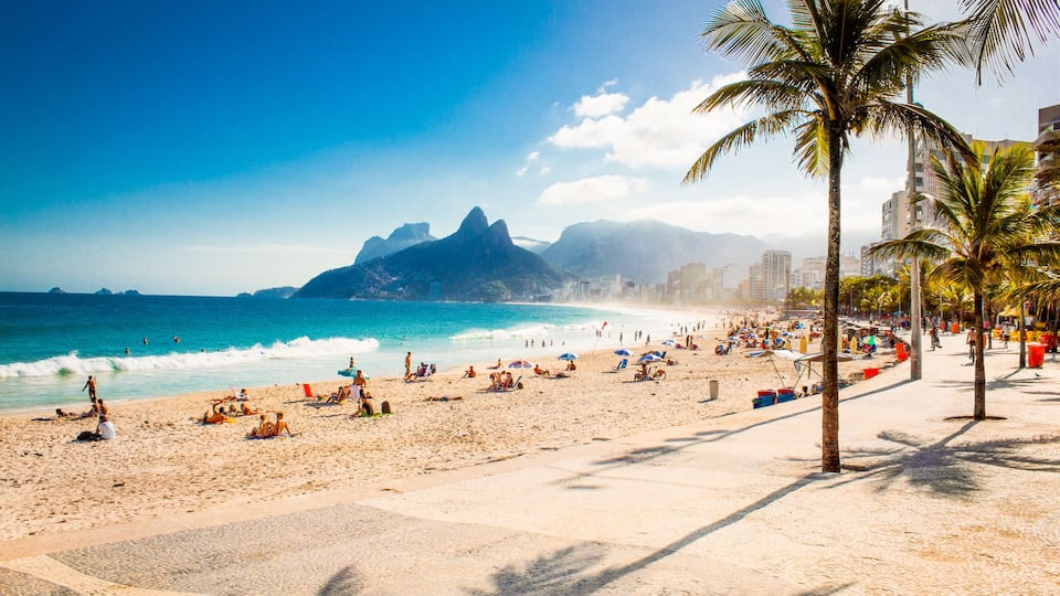 A beach with palm trees, ocean waves, and a mountain in the background.