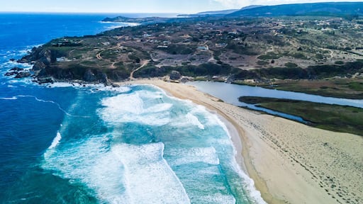 A coastal landscape with a sandy beach, a rocky coastline, and a river flowing through the terrain.