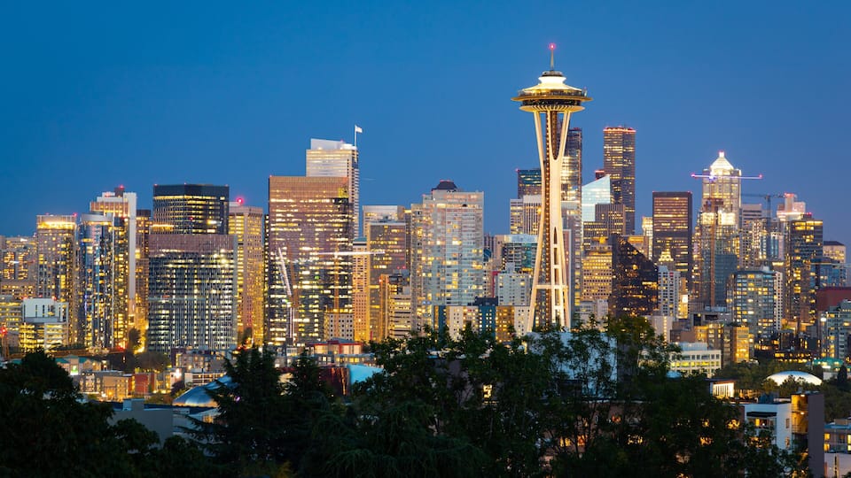A city skyline with the Space Needle prominently in the center.