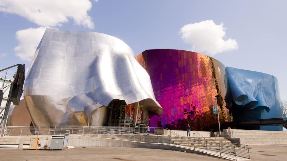 A large, colorful building with a unique, wavy design.