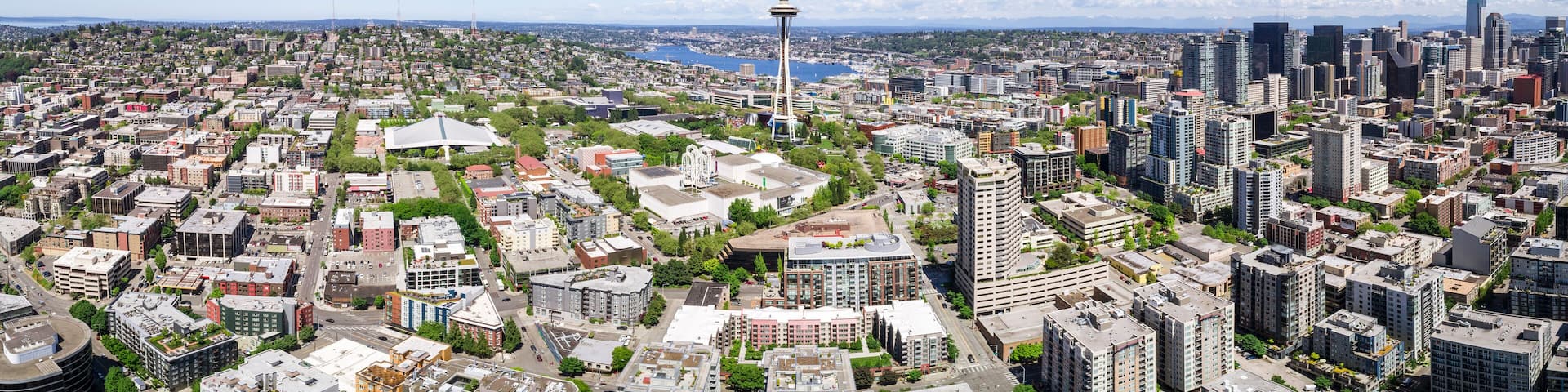 A cityscape with a prominent tower, dense urban buildings, and a body of water in the distance.