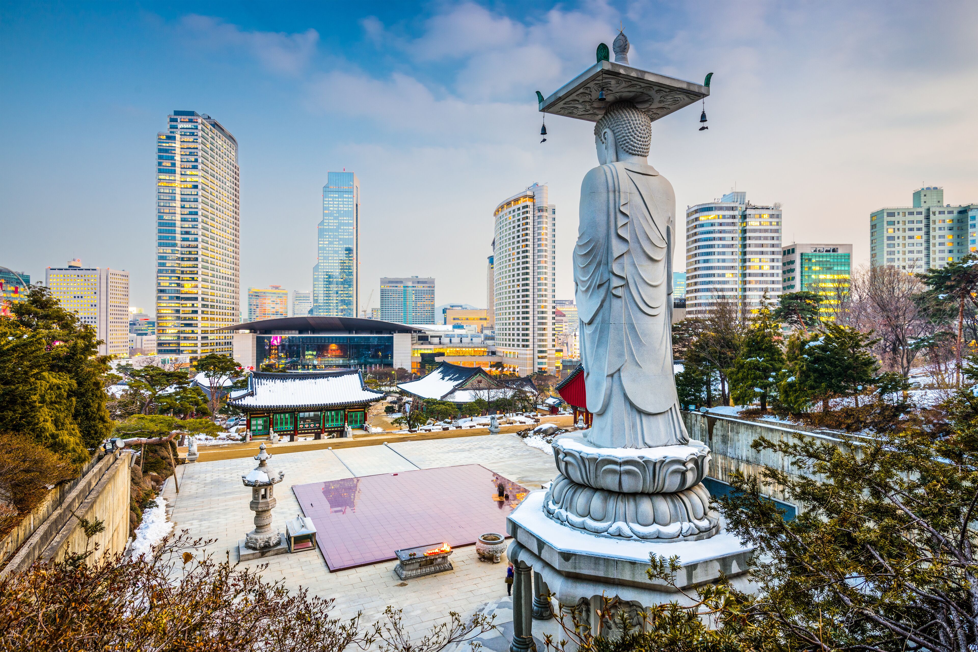 Seoul, South Korea skyline from Bongeunsa Temple.