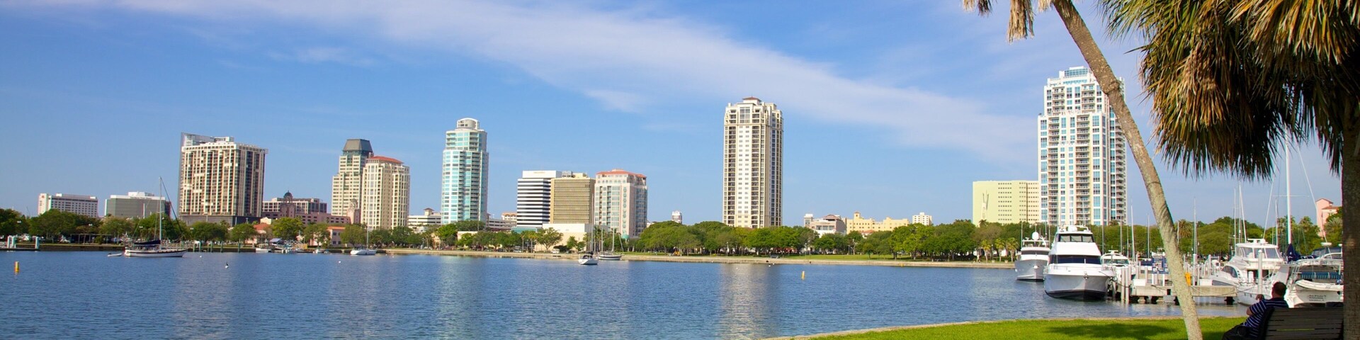 Paisagem urbana costeira com edifícios altos e um lago tranquilo.