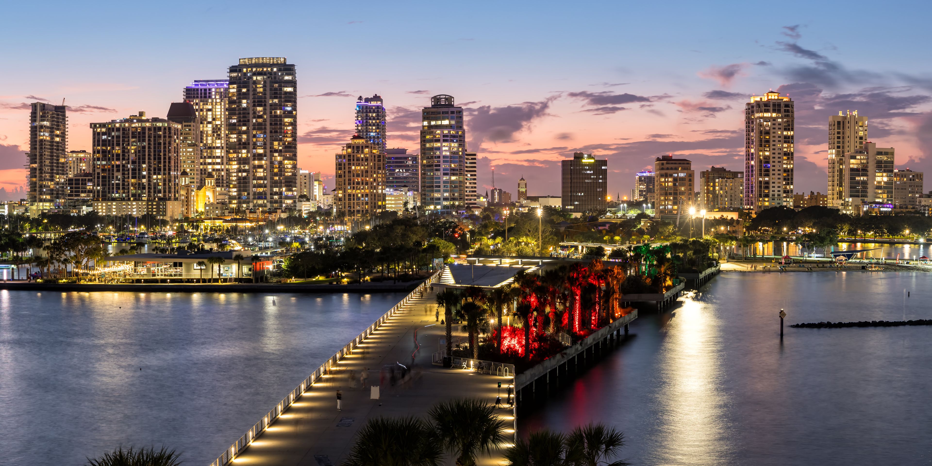Saint Petersburg Florida skyline from above at Tampa Bay with St. Pete Pier panorama at night in downtown St Petersburg, United States