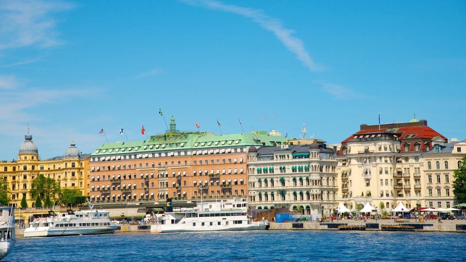 A waterfront with historic buildings, a large white cruise ship, and flags on top of the buildings.