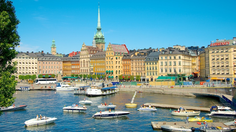 Stockholm which includes a bay or harbor, boating and heritage architecture