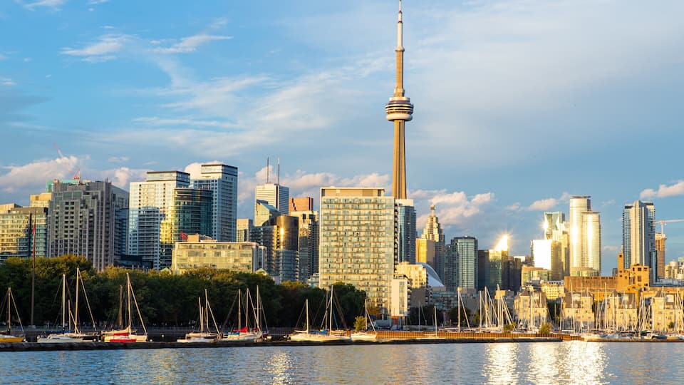 A city skyline with modern buildings and a prominent tower.