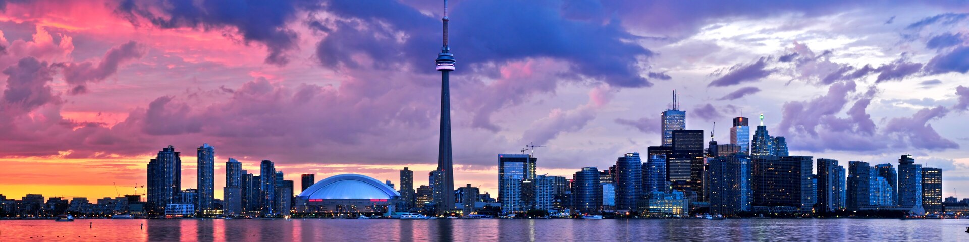 A city skyline with a prominent tower and a stadium by the waterfront.
