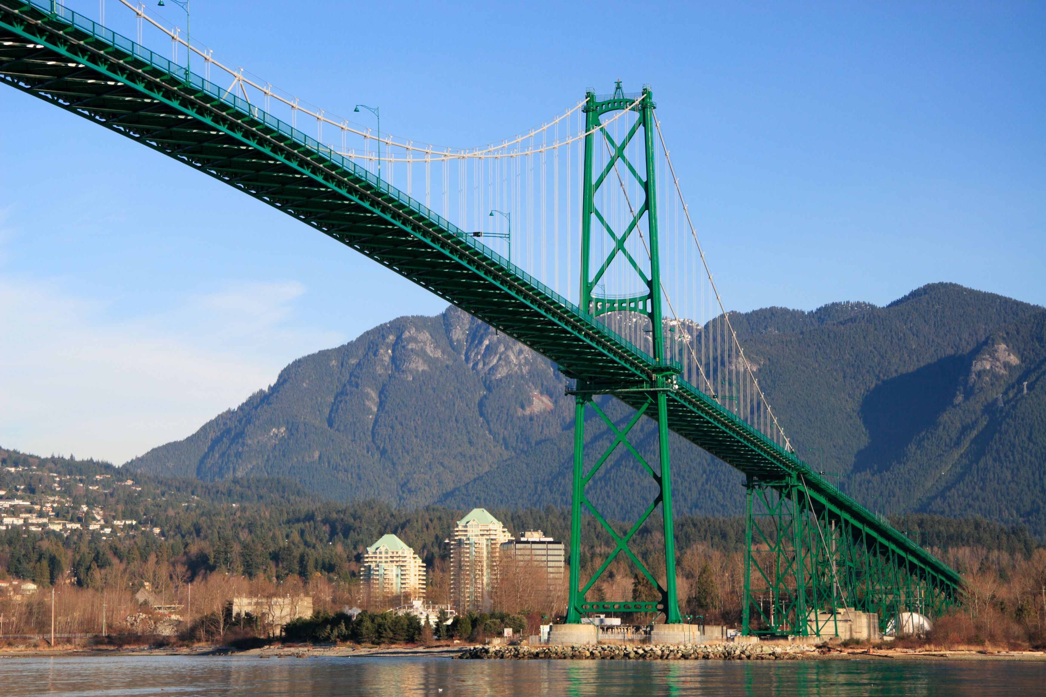 A green suspension bridge over a river with mountains in the background.