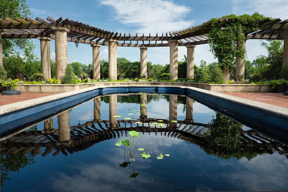 Un jardí tranquil amb una estanqueja central, una pèrgola i vegetació exuberanta.