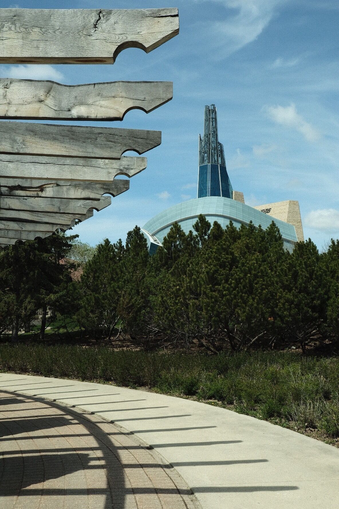 Human rights museum seen from a structure at the forks.
Fairly standard shot, taken at day time. Edited to reflect Provia 800 film.