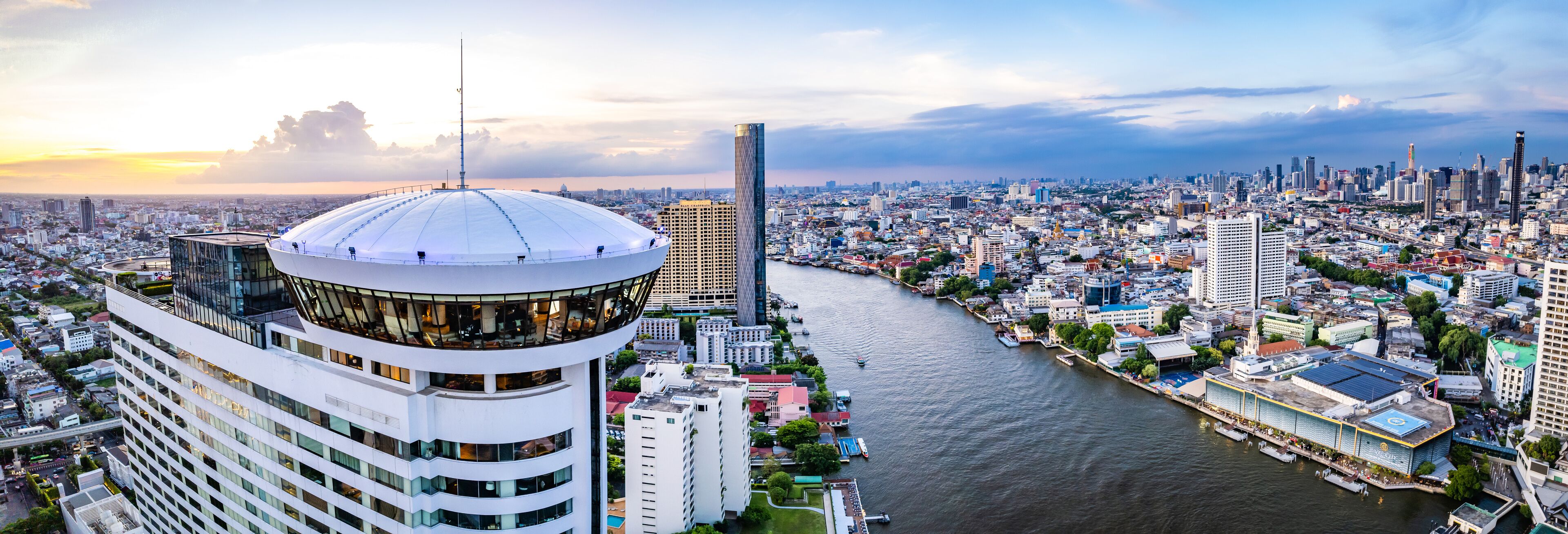 Aerial view of Khlong San and Chao Phraya river in Bangkok, Thailand