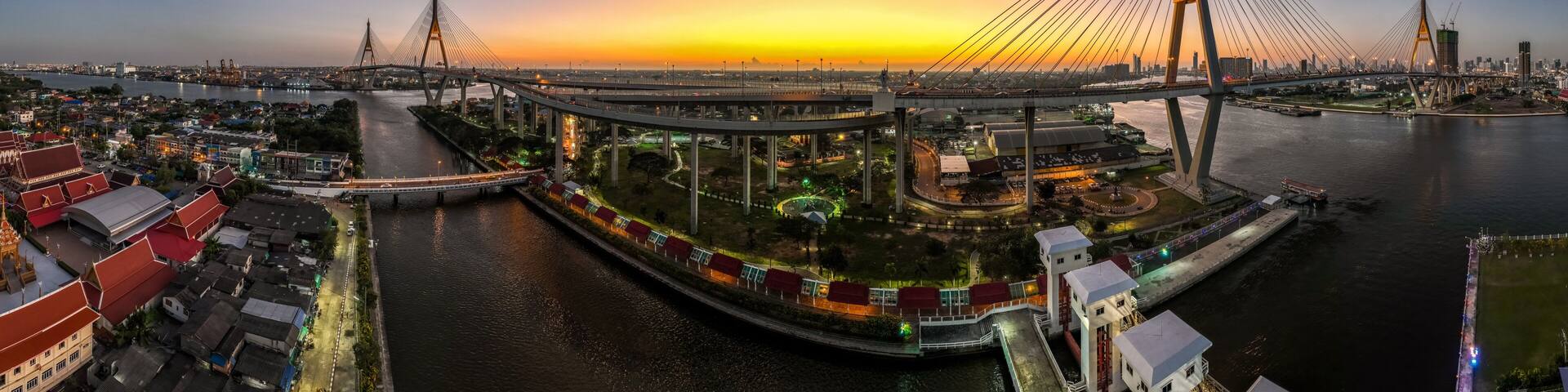 Aerial view of Bhumibol Bridge in Samut Prakan, Bangkok, Thailand