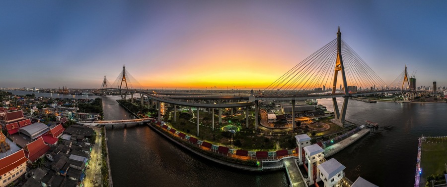 Aerial view of Bhumibol Bridge in Samut Prakan, Bangkok, Thailand