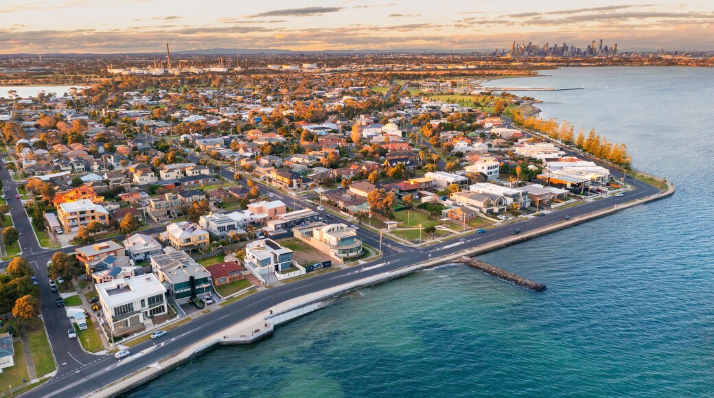 Aerial view of a bay side suburb and esplanade at dusk