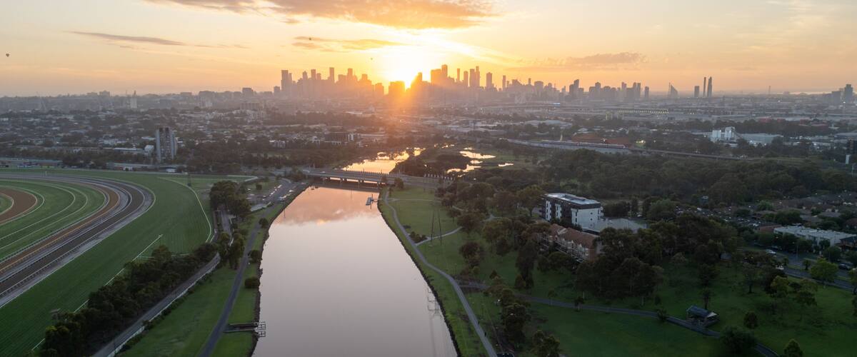 Aerial view of Maribyrnong River and racecourse in Melbourne