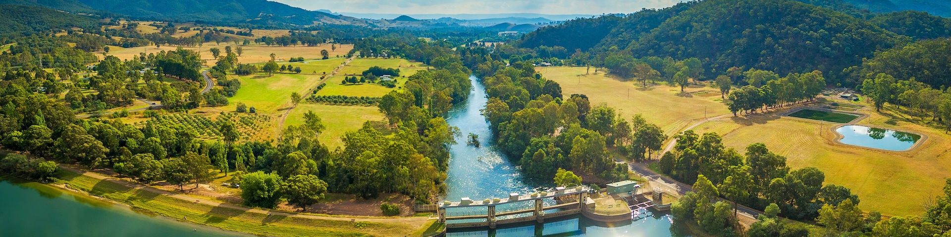 Aerial panorama of Goulburn River entering Lake Eildon in Melbourne, Australia