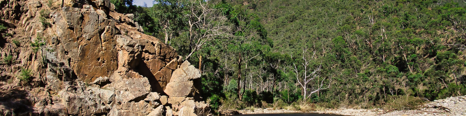 Orilla rocosa de río con poca vegetación y una colina al fondo.