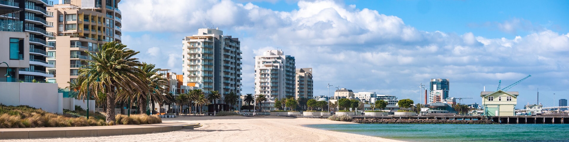 Beautiful panoramic view with residential apartment buildings and footpath along beach. Port Melbourne, VIC Australia., Shutterstock ID 1150810352, Purchase Order: -