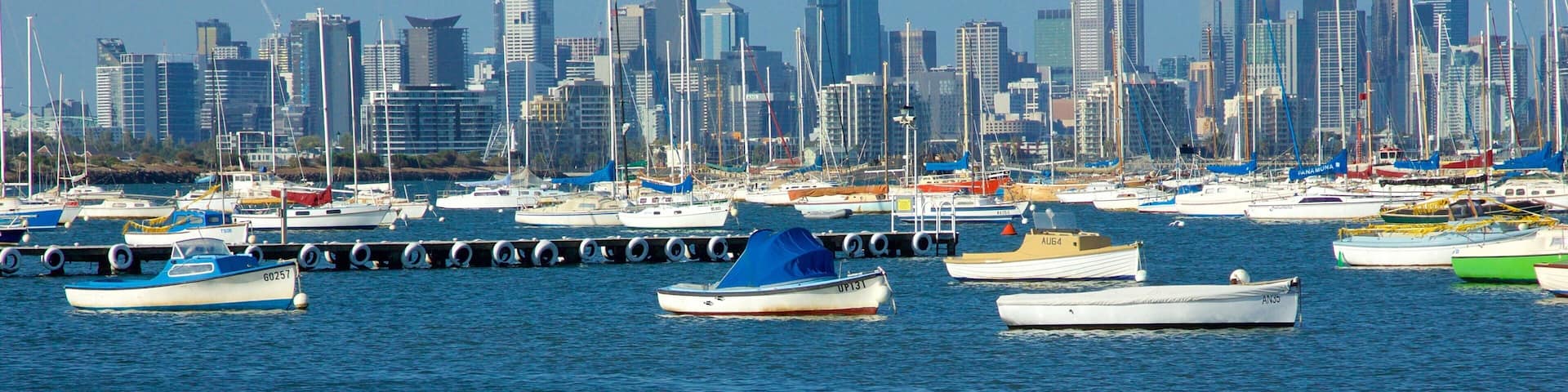 A marina with various boats docked, a pier, and a city skyline with tall buildings in the background.