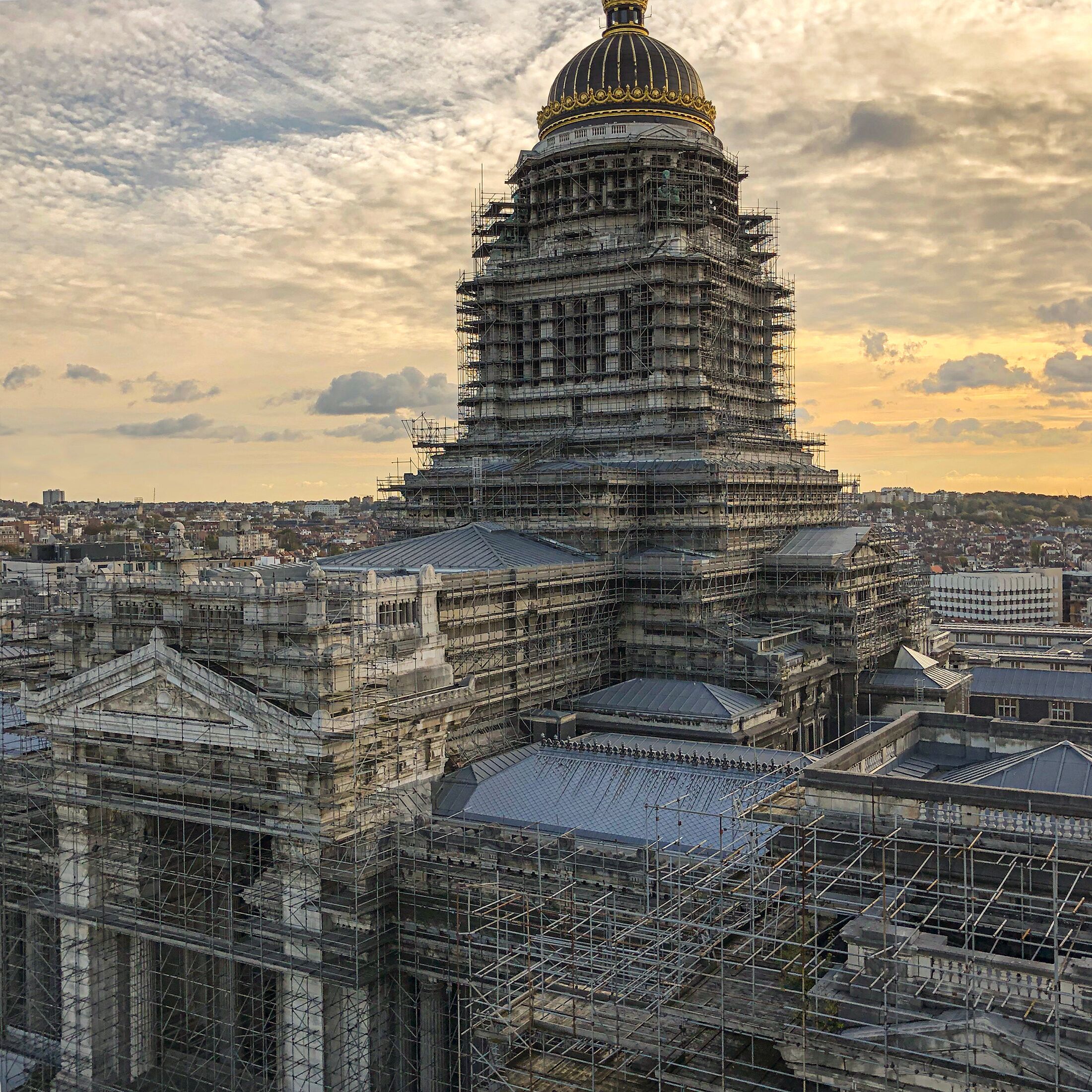 Brussels, Belgium, October 28, 2019 - Aerial view of the Brussels Palace of Justice or Court of Laws being renovated.