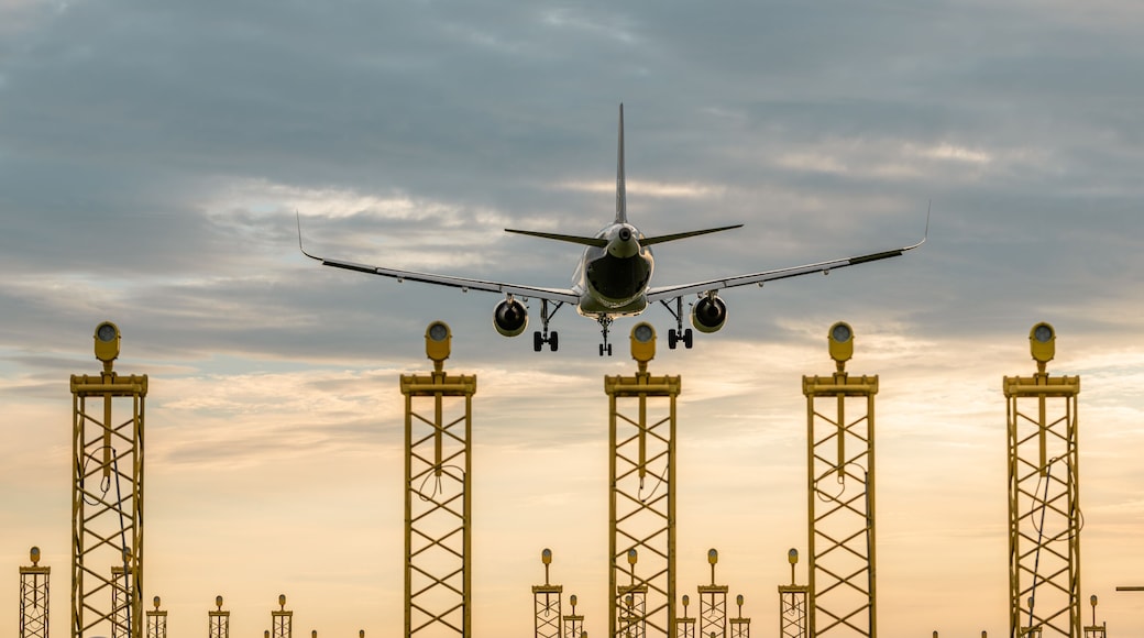 Backview of an airplane landing on Brussels airport during sunset. Runway lights in the foreground. Travel, transport theme. Big jetliner during landing at the airport.