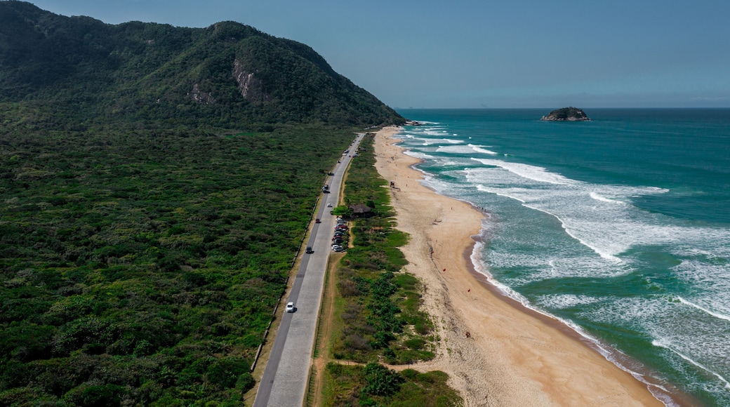 Kiosk at Praia da Barra da Tijuca, Recreio and Grumari in Rio de Janeiro, Brazil. Aerial View from Drone; Amazon rainforest in Rio