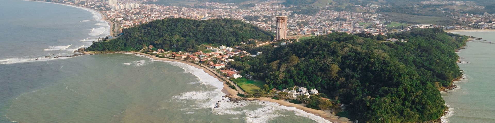 An aerial view of a coastal city with a prominent hill, dense forest, and a beach.