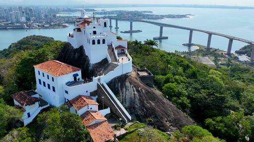 Aerial landscape of famous Penha Convent Church postcard of Vila Velha Vitoria state of Espirito Santo Brazil. Postcard scenery of Vitoria Espirito Santo. Aerial church religion scenery.