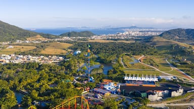 Aerial photo of Beto Carrero World with rides, forest, and city skyline in the background.