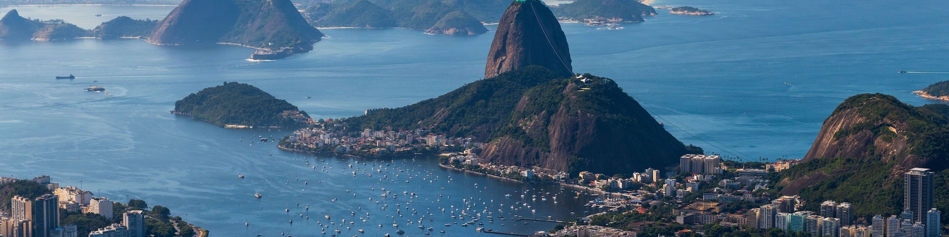 View of Rio de Janeiro with Sugarloaf Mountain and Guanabara Bay on a clear day