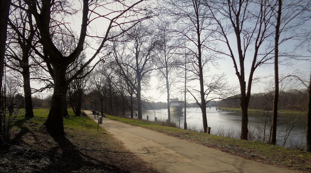 Der Wanderweg Am Kanal in Kiel-Suchsdorf. Rechts hinten das Containerschiff "Heinrich Ehler" im Nord-Ostsee-Kanal, Höhe Kanalweiche.