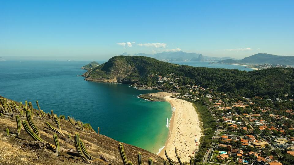 A coastal landscape with a beach, cacti, and a town.