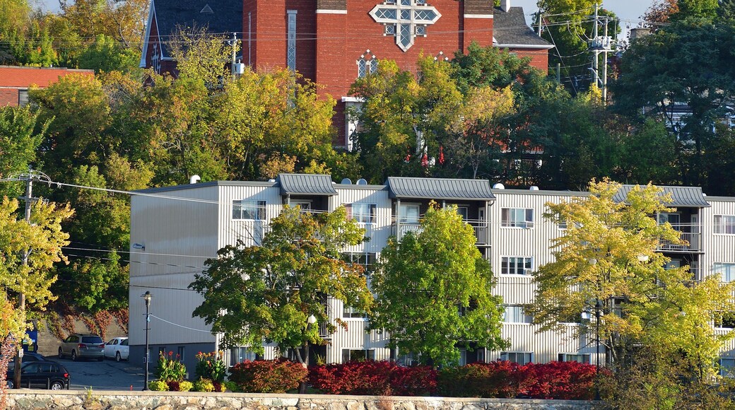 Sherbrooke Ste-Therese church cityscape with Nation lake in the foreground during early fall