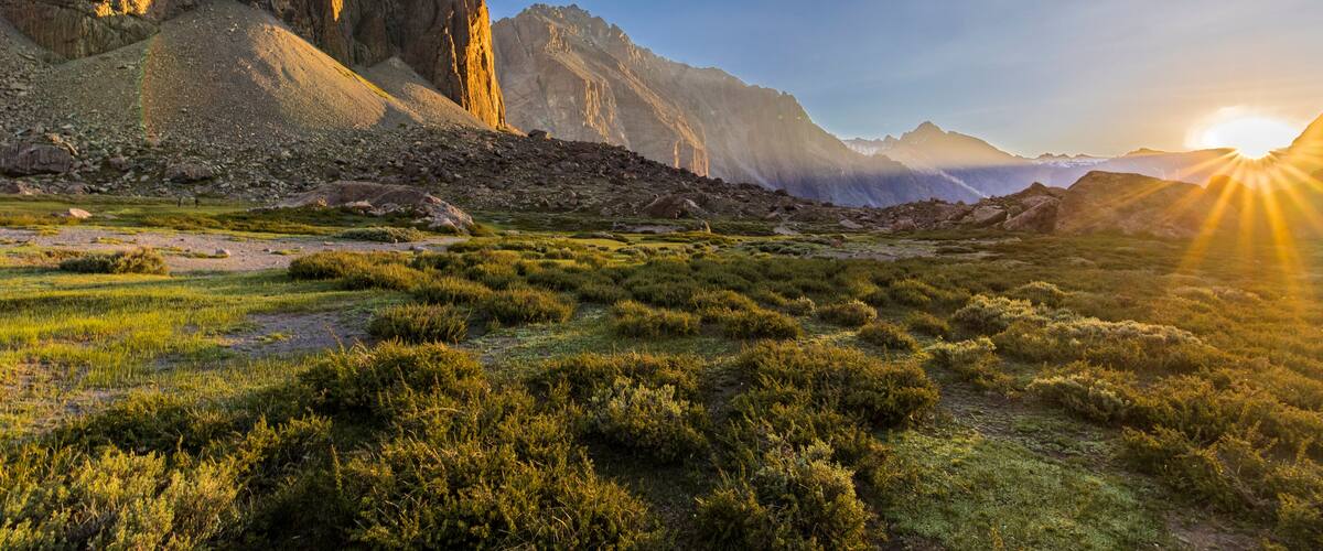 Andes valleys inside central Chile at Cajon del Maipo, Santiago de Chile, amazing views over mountains and glaciers