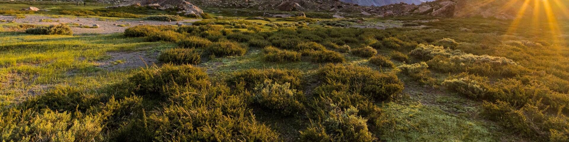 A mountainous landscape with rocky cliffs and sparse vegetation.
