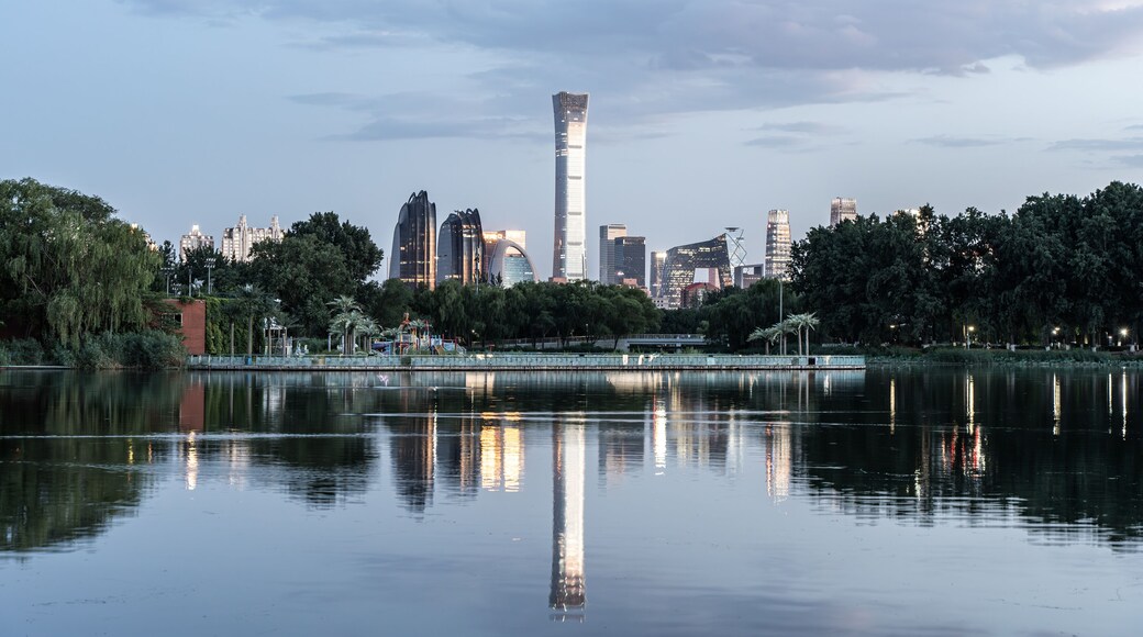 China Beijing CBD lake reflection in the evening
