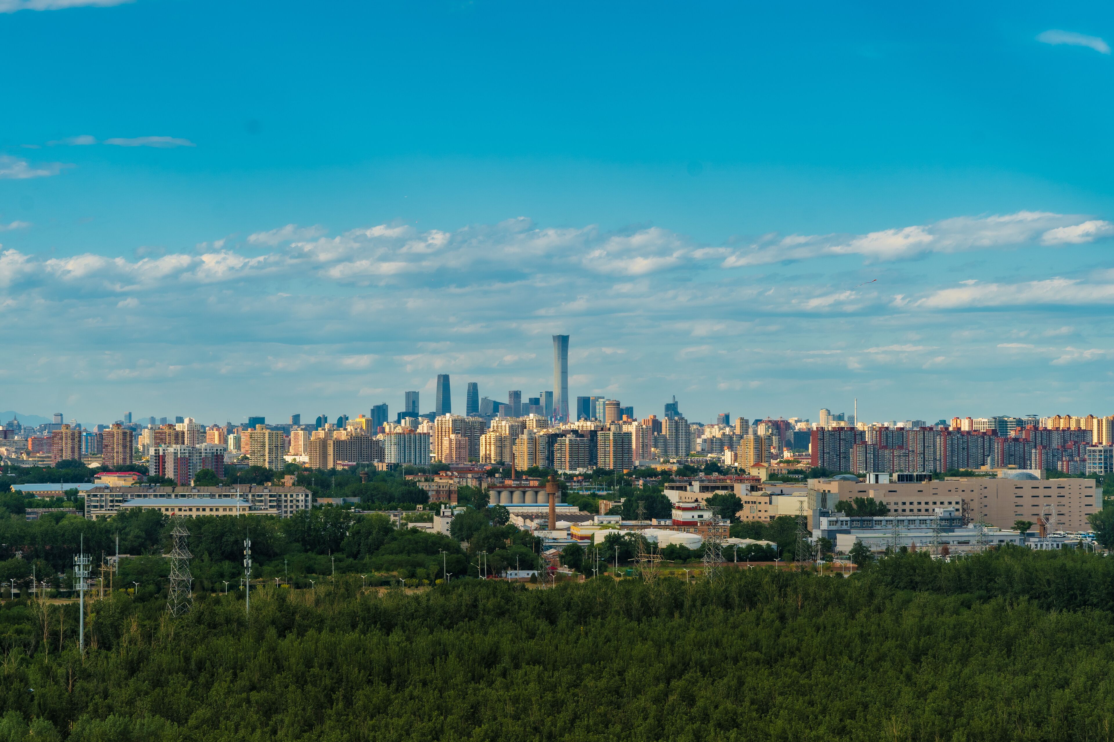 A large forest in Beijing's Nanyuan District and modern urban buildings in the distance