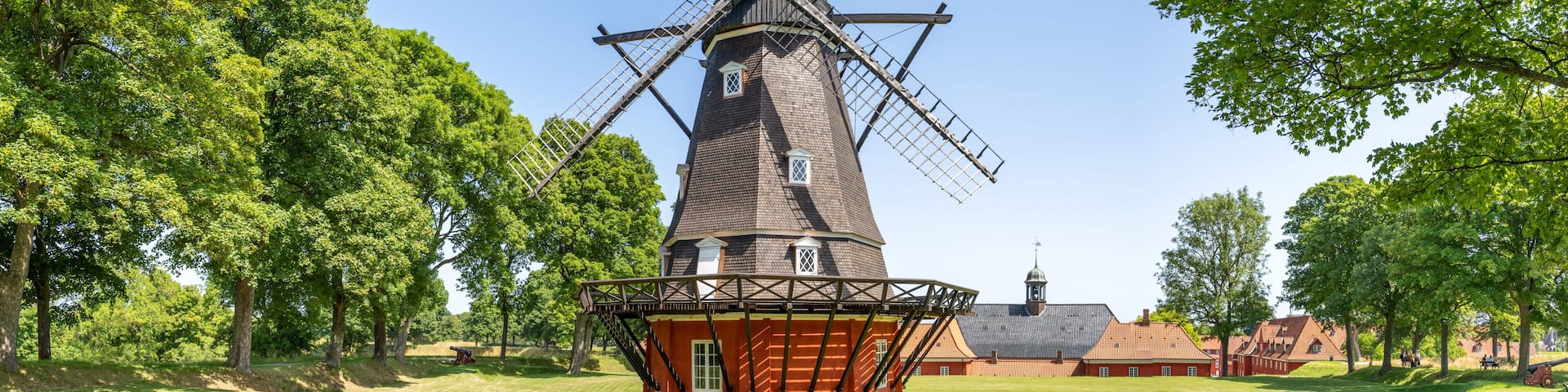 Windmill in the Kastellet fortress citadel in Copenhagen, Denmark on a sunny day