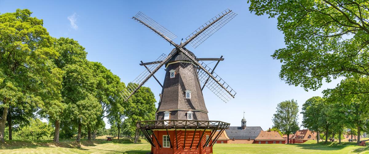 Windmill in the Kastellet fortress citadel in Copenhagen, Denmark on a sunny day