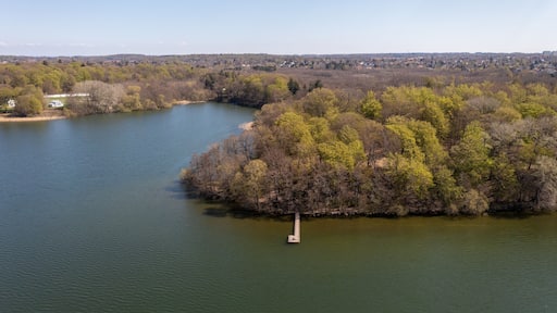 Farum, Denmark - April 20, 2022: Aerial drone view of Furesoe Lake in northeastern Zealand.