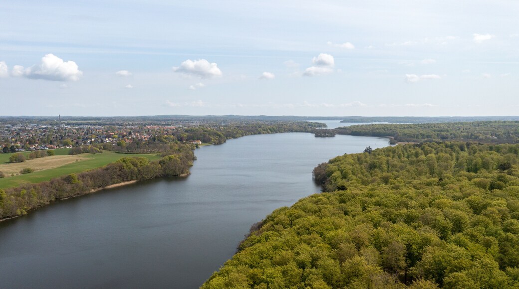 Farum, Denmark - May 04, 2022: Aerial drone view of Farum Lake in northeastern Zealand.