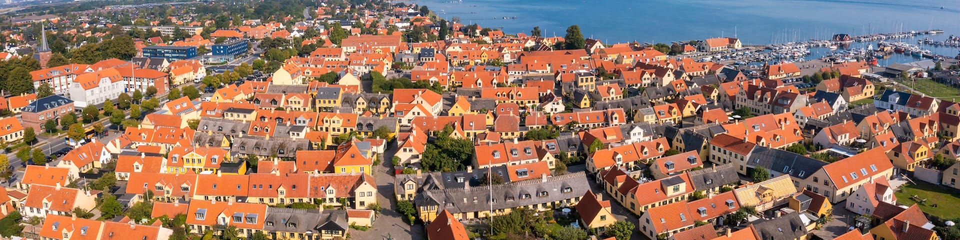Aerial view of the beautiful, small, yellow rustic houses. Traditional Scandinavian style. Fishing village Sights Travels