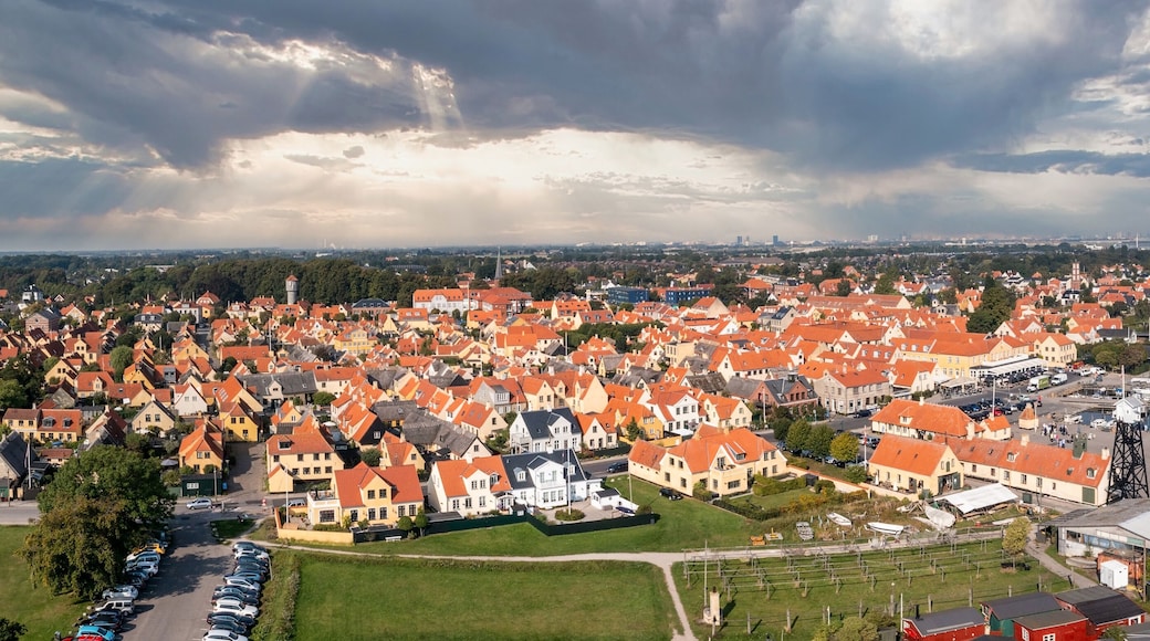Aerial view of the beautiful, small, yellow rustic houses. Traditional Scandinavian style. Fishing village Sights Travels