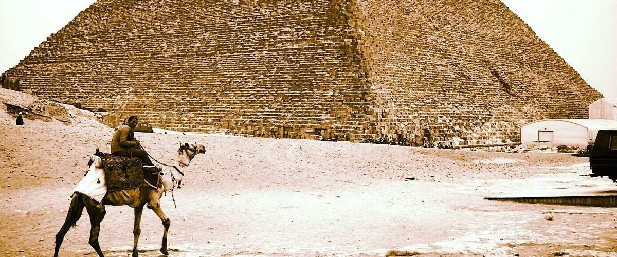 A pyramid with a camel and a person in the foreground.